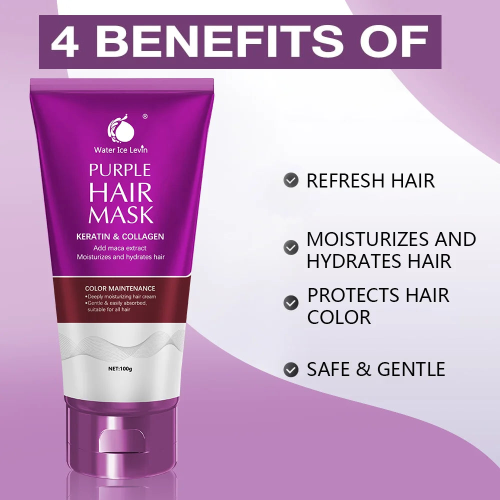 Water Ice Levin New Purple keratin biotin hair mask, repair damaged frizz, 10 seconds softness nourishment, straight hair care