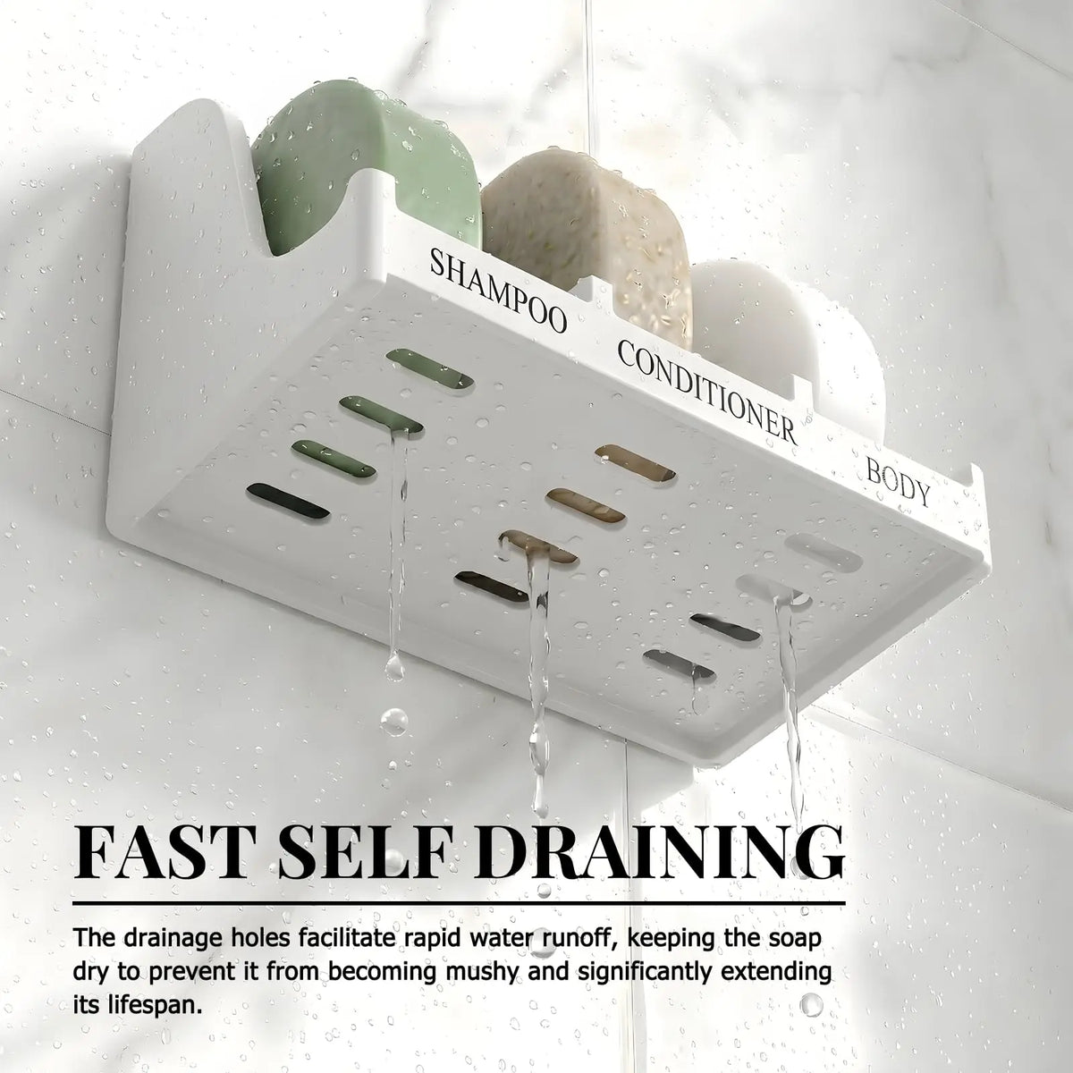 Three-compartment Bathroom Wall-mounted Soap Dish, Self-draining Shower Shampoo Caddy, Holds Shampoo, Conditioner, and Bath Soap