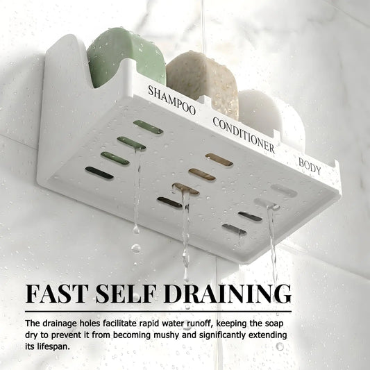 Three-compartment Bathroom Wall-mounted Soap Dish, Self-draining Shower Shampoo Caddy, Holds Shampoo, Conditioner, and Bath Soap
