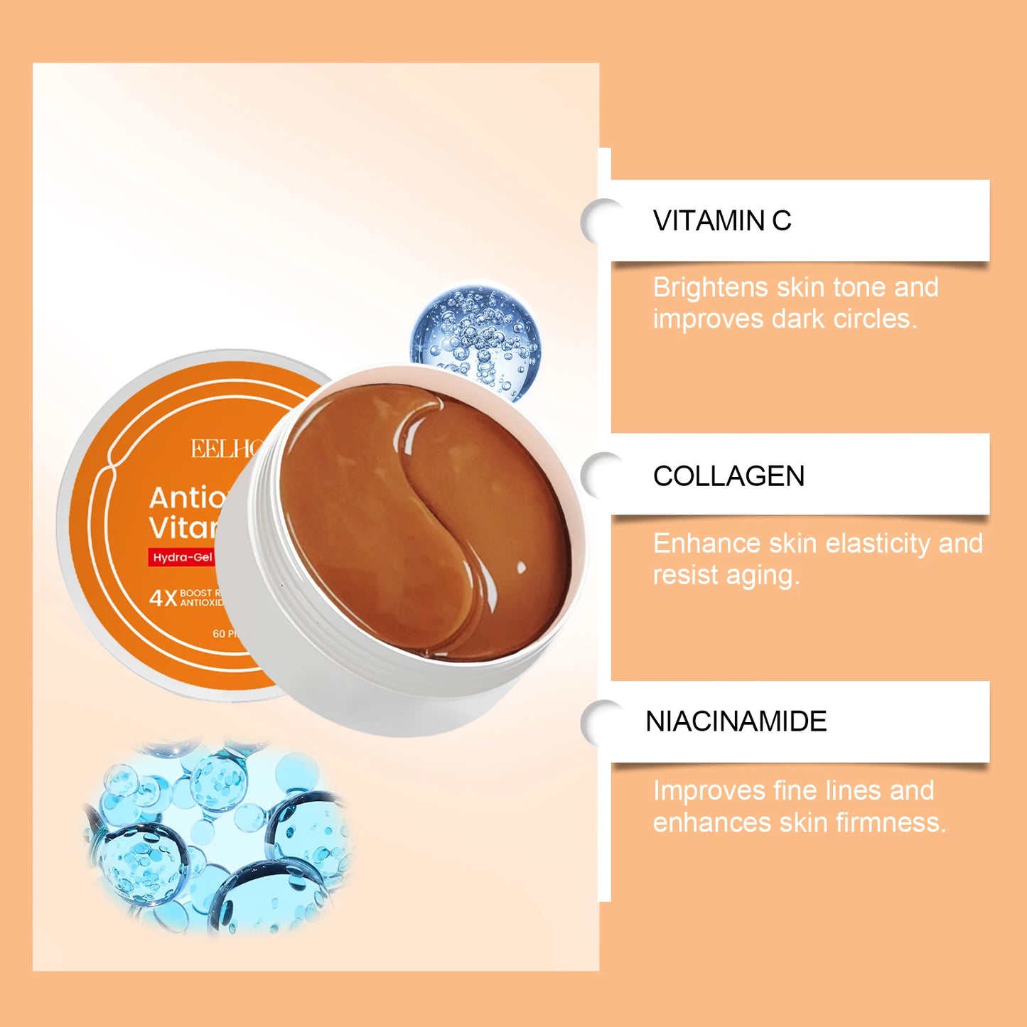60Pcs Vitamin C Eye Patches Remescar Puffiness Dark Circles Bags Tightening Eye Skin Hyaluronic Acid Moisturizing Eye Mask Care