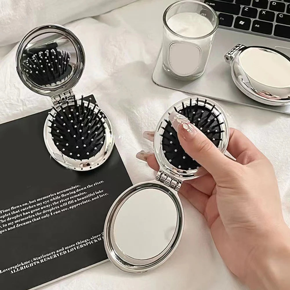 New Folding Comb With Mirror Pocket Size Scalp Massage Comb Portable Hair Styling Brush For Women Hairdressing Accessories