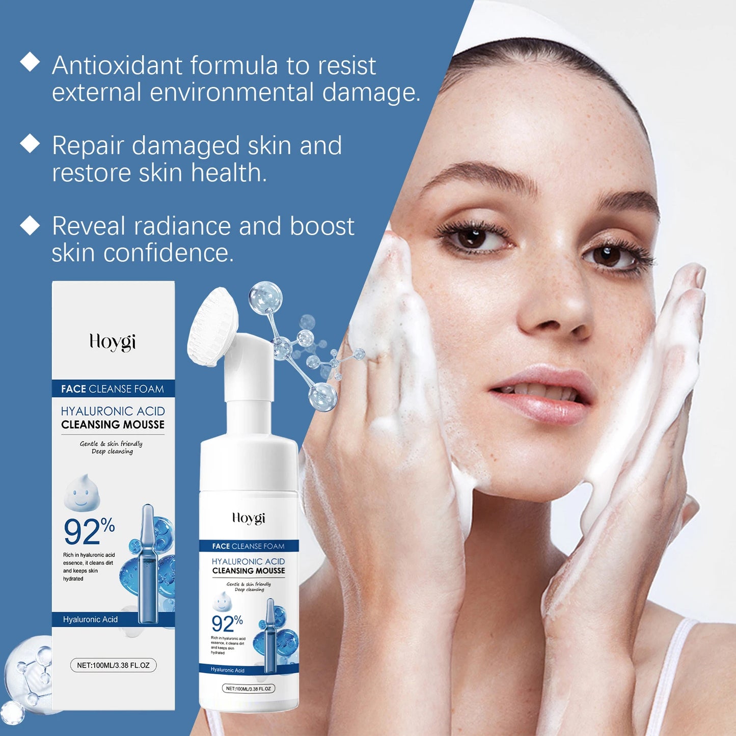 Hyaluronic Acid Cleansing Foam Gentle Moisturizing Face Wash for Sensitive Skin, Hydrating Daily Skincare, Non-Irritating