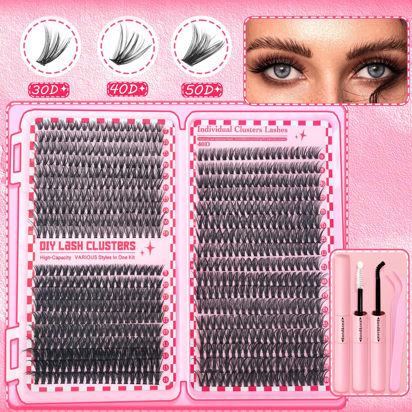 30D40D50D80D DIY Eyelash Extension Kit with Tweezers, Glue and Seal Reusable Single Eyelashes for Party Stage Festival Eye Makeu