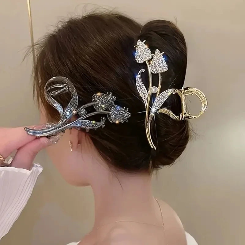 1pc Metal Tulip Shaped Hair Claws Clips With Rhinestone Faux Pearls Decor, Strong Hold Hair Clips For Thick Hair Ponytail Holder