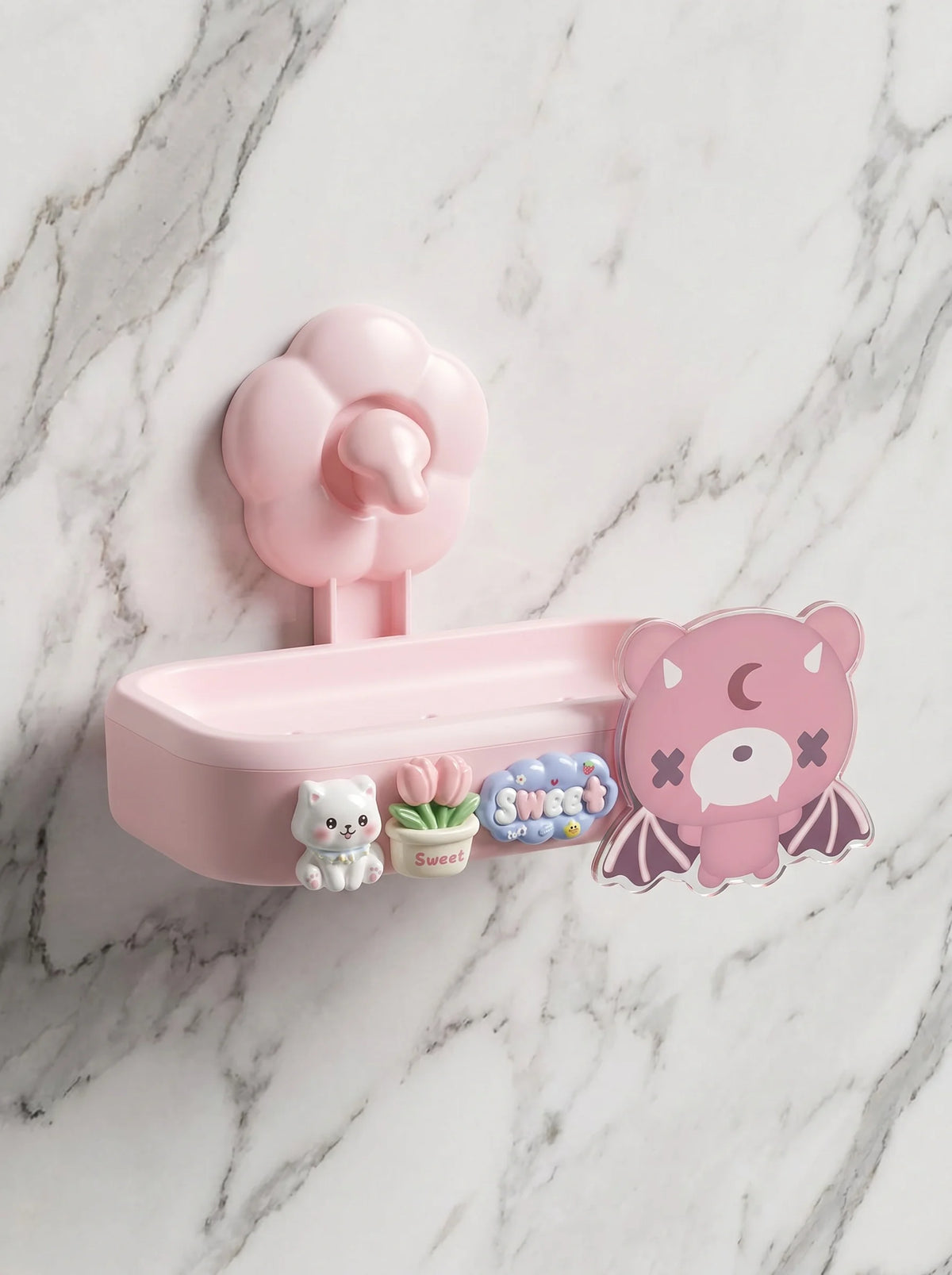 Cute Cartoon Bear Cat Tulip Adhesive Soap Box No Drill Glue Mount Drain Soap Holder Bathroom Wall Soap Dish