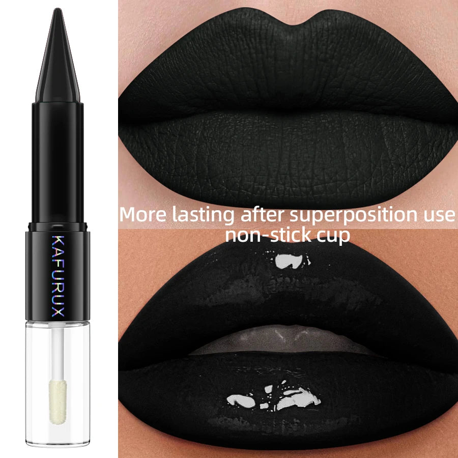 Black Matte 2 In 1  Double Head Lipstick Lip Coat Set Waterproof Coat 24HR Korean Makeup Gifts High Pigment Lip Tint Plumper