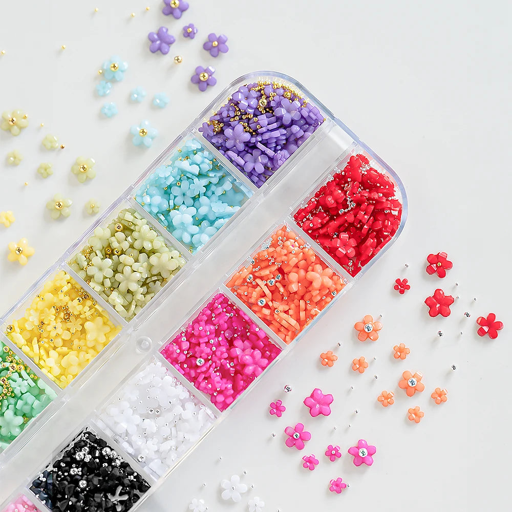 12Grids/Box Five-Petal Flower/Steel Beads Nail Art Charms Mixed-Size Flowers Gold/Silver Ball Rhinestones DIY Manicure Diamonds