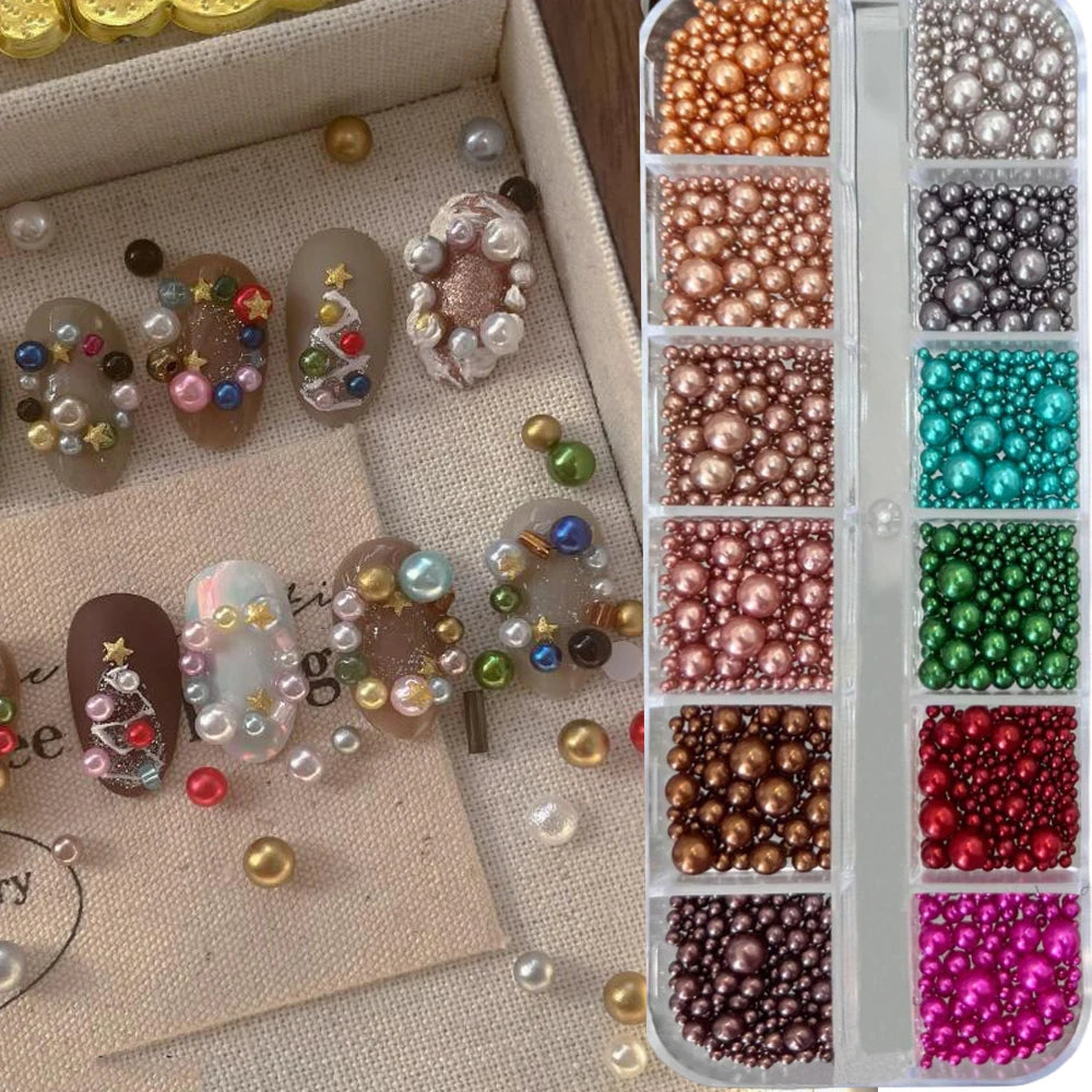 12Grids Christmas Red/Green Pearl Nail Rhinestone Mixed Size Pearlescent Colorful Beads Nali Charms Christmas Manicure Jewelry A