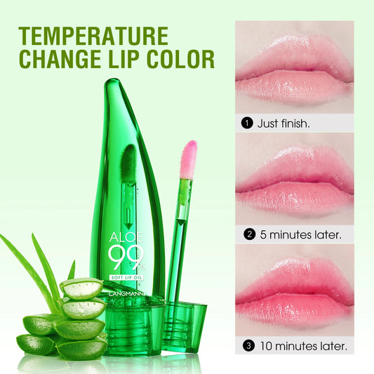 Langmannni Aloe Vera Moisturising Lip Gloss Warm Feeling Colour Changing Lip Glaze Long Lasting Moisture Lip Oil