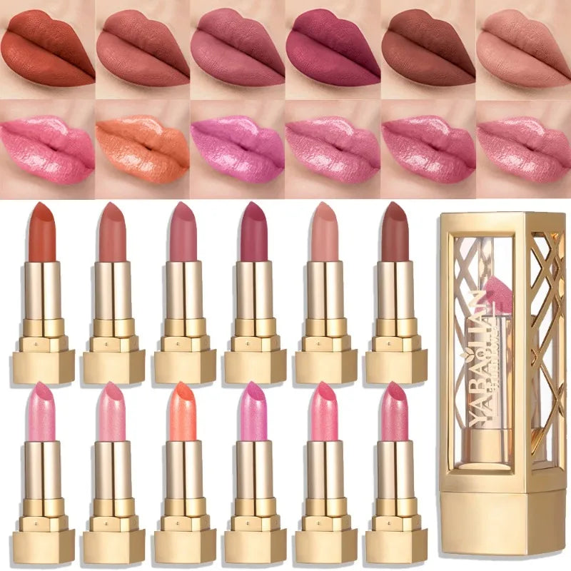 12 Color Gold Tube Lipstick Matte Pearlescent Glitter Shiny Velvet Lipsticks Red Brown Waterproof Lasting Solid Lip Gloss Makeup