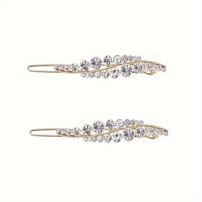 2pcs Elegant Leaf Design Hair Clips – Faux Pearl & Rhinestone Barrettes, Golden-Tone Alloy Hair Accessories for Women,