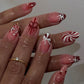 24PCS Red French Pointed Nails Christmas Fake Nails With Snowflake Christmas Hat Design, Artificially Adhered To The Nails