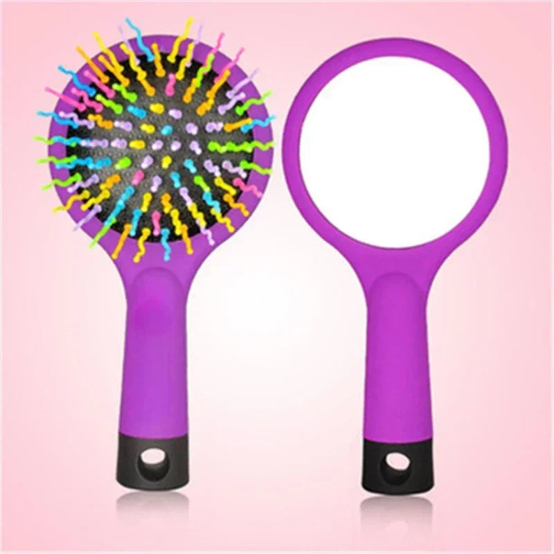 Rainbow Air Volume Paddle Hair Comb Brush with Makeup Mirror Detangler Hair Curl Straight Massage Comb Brush Hair Styling Tools