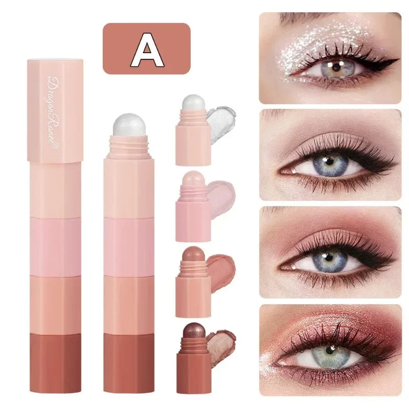 New 4 IN 1 Combo Eyeshadow Highlighter White Brown Eye Shadow Stick Glitter Pearlescent High Gloss Eyeshadow Mini Shadow Crayon
