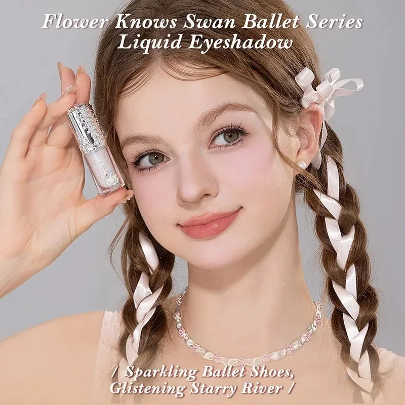 Flower Knows Swan Ballet Glitter Liquid Eyeshadow Long Lasting Shimmer Waterproof Quick Dry Metallic Eye Makeup for Women Girls