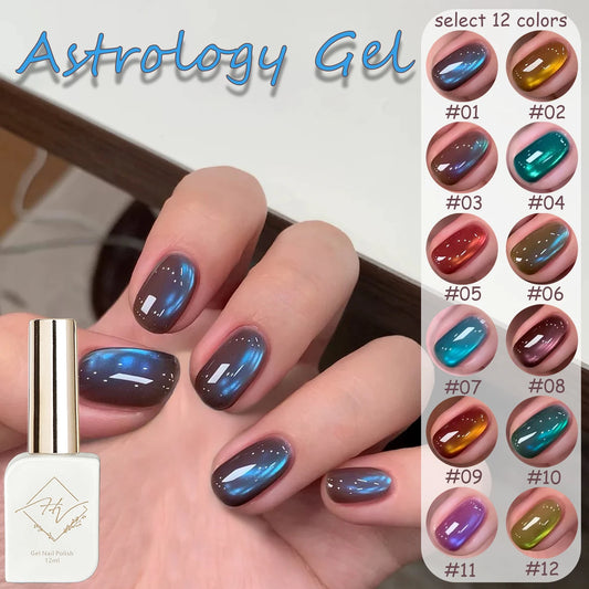 ZH 12ML 12-Color Astrology Cat Eye Nail Gel Whitening Lustrous Nail Polish with Fine Glass Bead for Nail Art Decoration
