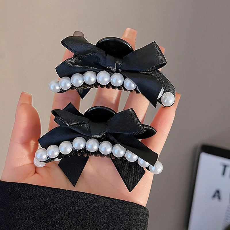 2Pcs Black Bow Small Hair Claw Women Girl Hair Grab Clip Side Clip Forehead Bangs Hair Styling Clip Sweet Headdress
