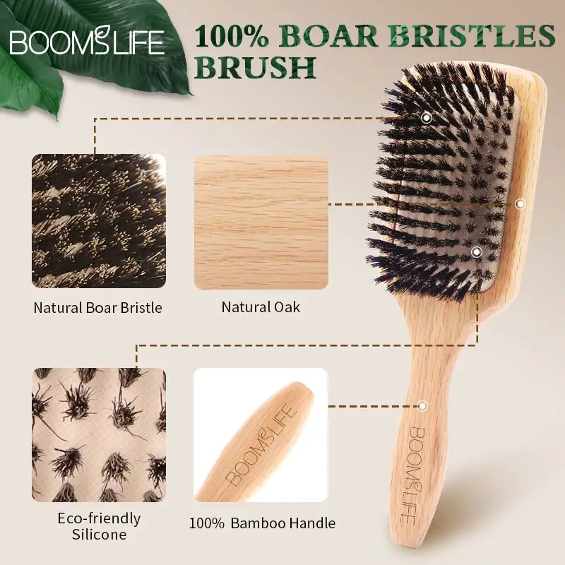 Boar Bristle HairBrush Wood Hair Brush Peine OAK Wood Combs for Women Barber Beauty Care Paddle Scalp Massage Brush