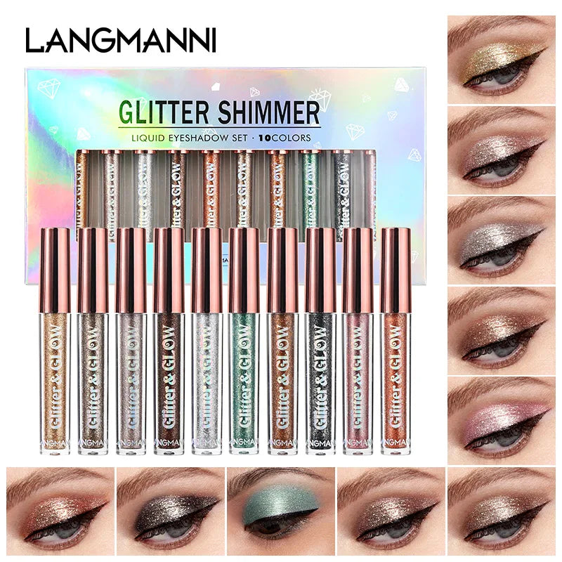 10-Piece Diamond Glitter Liquid Eyeshadow Set, Long-Lasting Shimmer, High-Pigment Sparkling Eye Makeup, Perfect for Glamorous