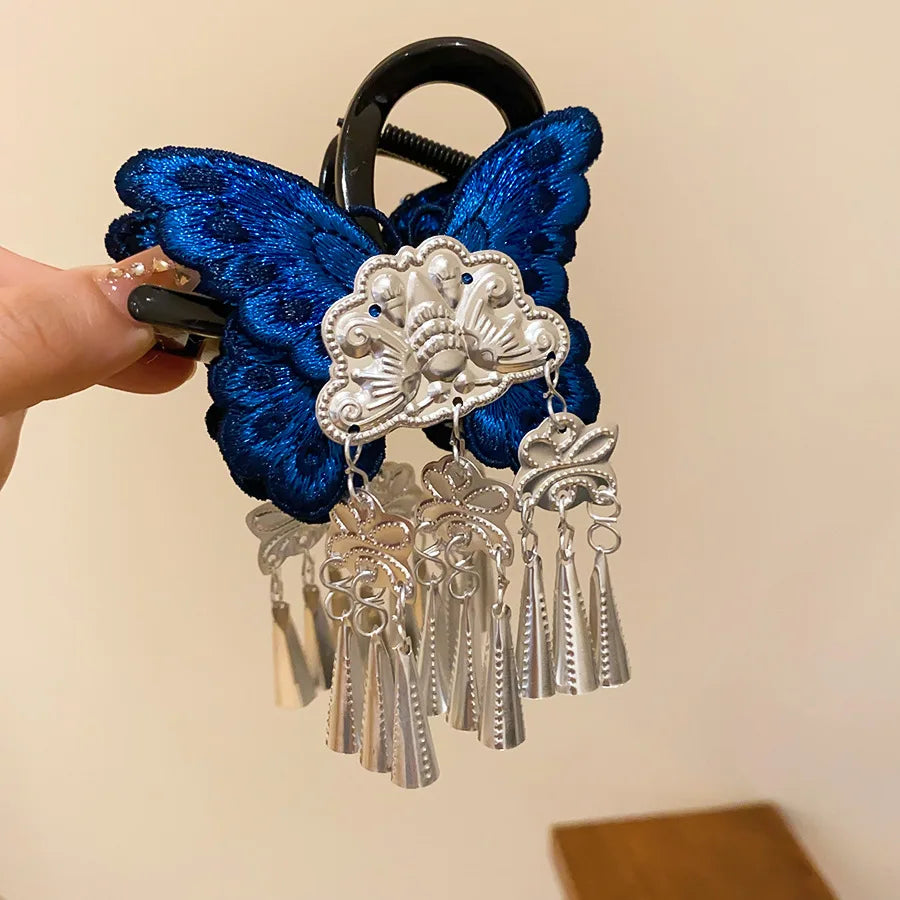 New Chinese Style Kniting Butterfly Hair Claws Women's Purple Long Flower Tassel Shark Grab Clips Vintage Hanfu Headpiece W