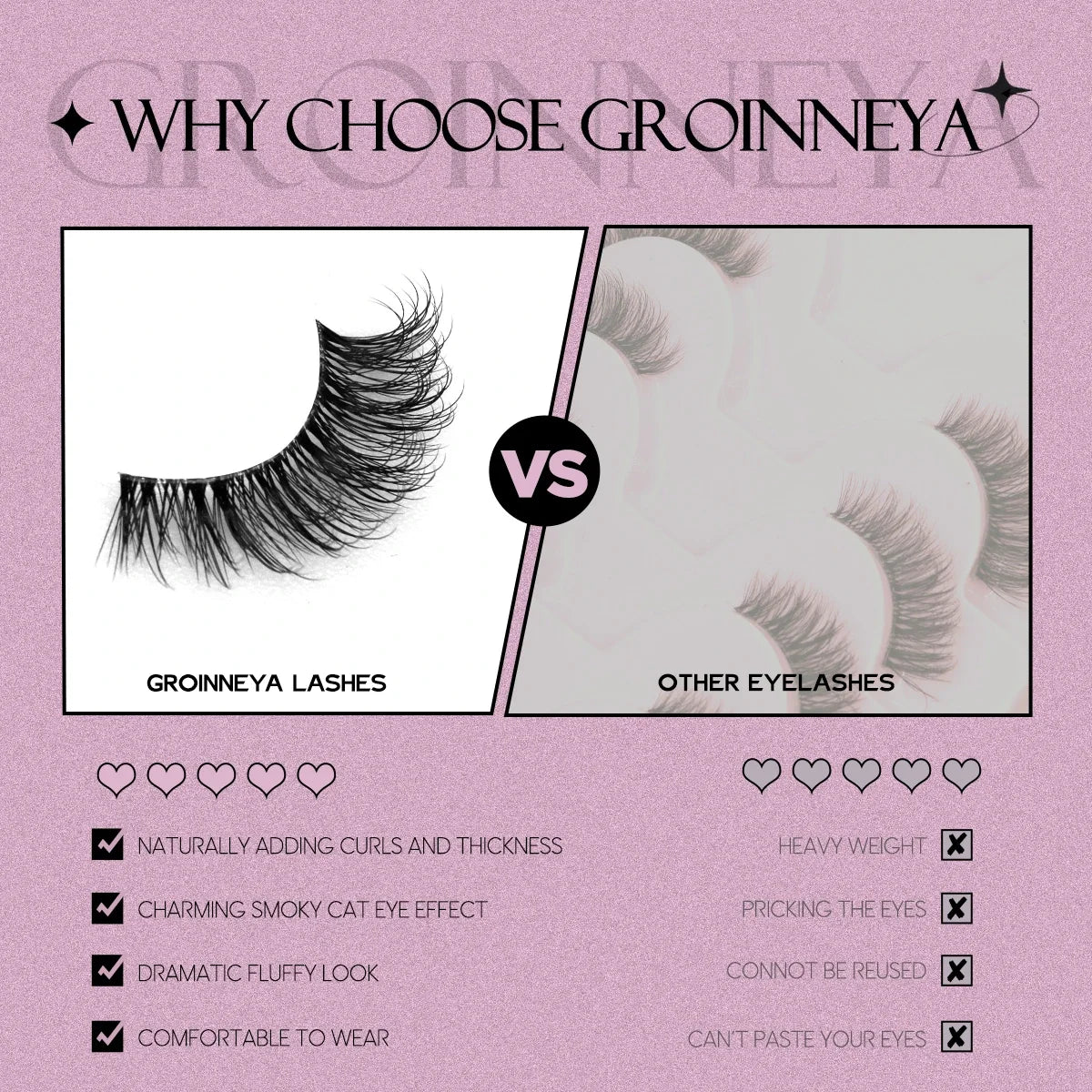 GROINNEYA Half Lashes Soft Natural Cat Eye Lashes Natural Look Nvisible Band Eyeashe Half Fake Eyelashes Fluffy Eyelashes
