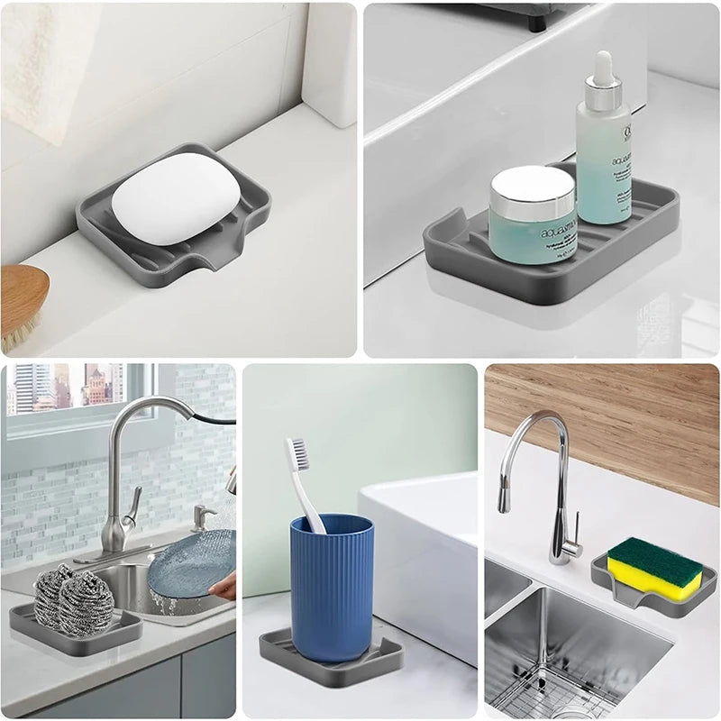 Silicone Soap Dish with Drain, Kitchen Soap Tray Shower Self Draining Soap Dish Soft Bathroom Soap Holder for Kitchen Bathroom