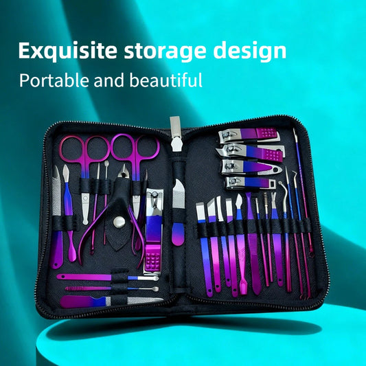 30pcs Blue Red Gradient Nail Clipper Set Nail File Remover Tool tainless Steel Manicure Tool Kit with Storage Box Gifts