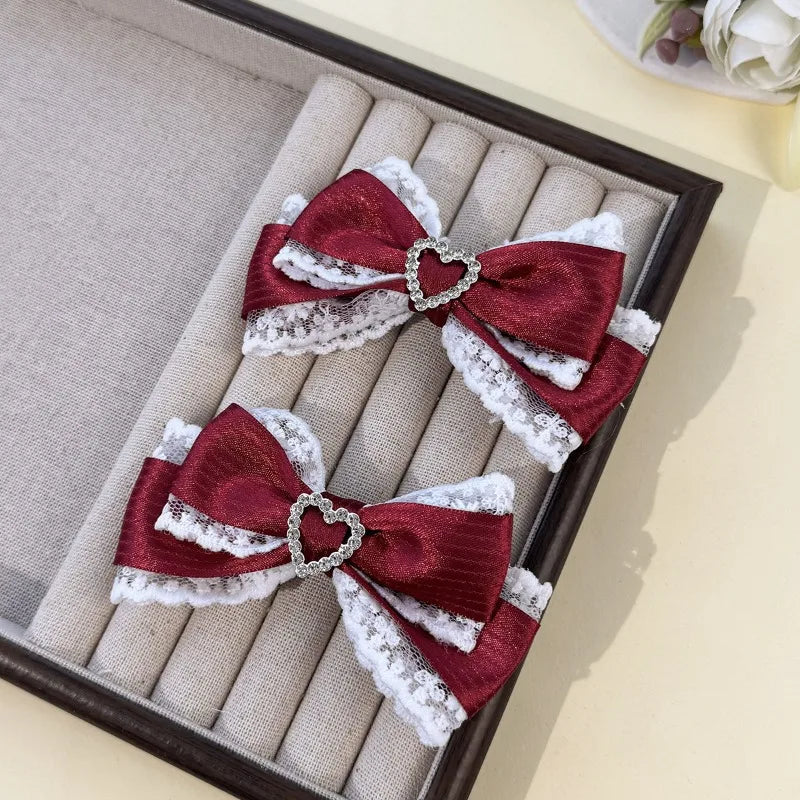 Lace Stripe Satin Bow Hair Clip Heart Rhinestone Barrettes Women Lolita Daily Wedding Party Hair Accessories Hair Clips ForWomen