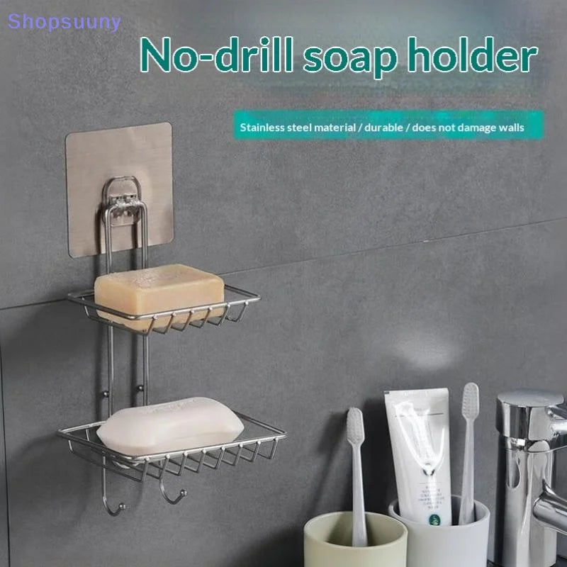 [SU]Stainless Steel Double Tier Draining Soap Dish Holder No Drill Wall Mounted Soap Rack Bathroom Shower Storage Organizer[SU]