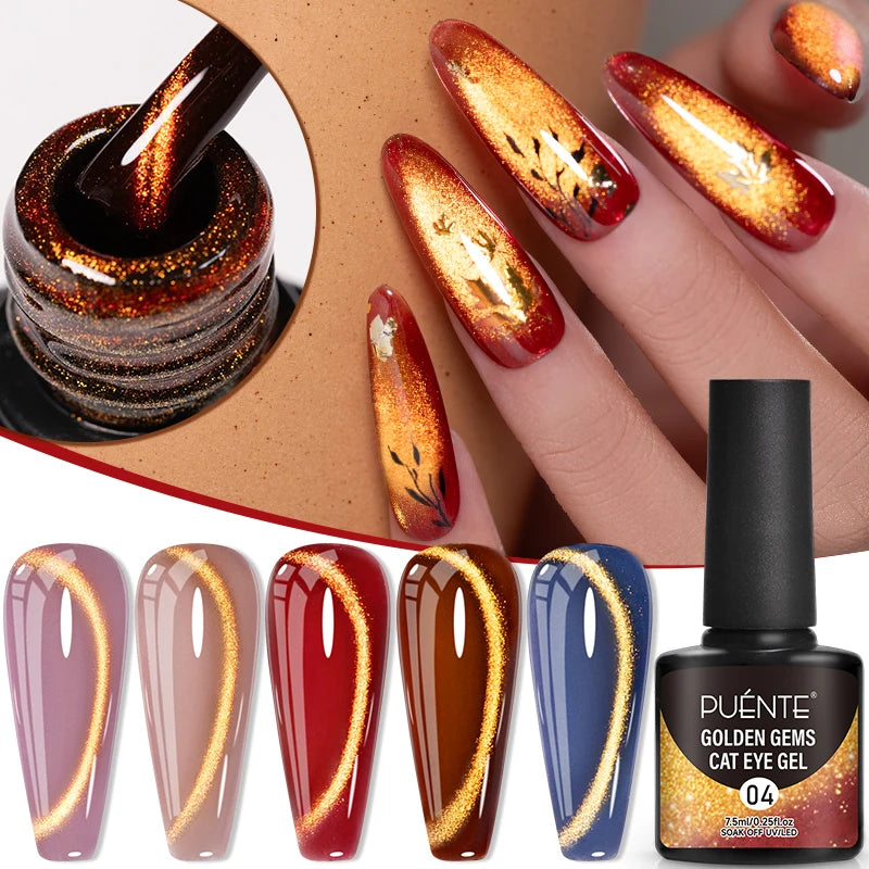 PUENTE 7.5ML Golden Gems Cat Magnetic Gel Nail Polish Pink Brown Blue Colors Golden Glitter Cat Eye Soak Off UV Nail Art Varnish
