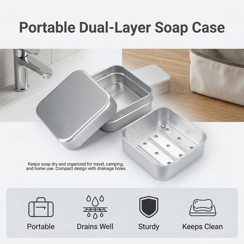 Travel Soap Case Aluminum Soap Box Double Layer Draining Holder Portable Rectangular Dish for Camping Hotel Bathroom Gear