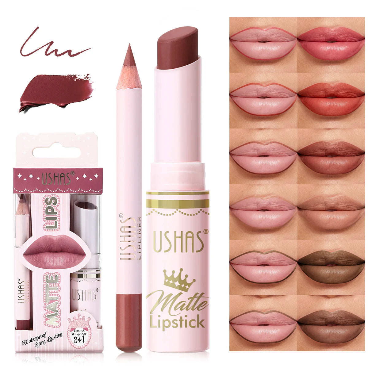 USHAS 2 In 1 Lipstick&Lip Liner Set, 18 Color Matte Nude Color Lipstick, Moisturizing and Long-Lasting, Perfect Lip Cosmetic