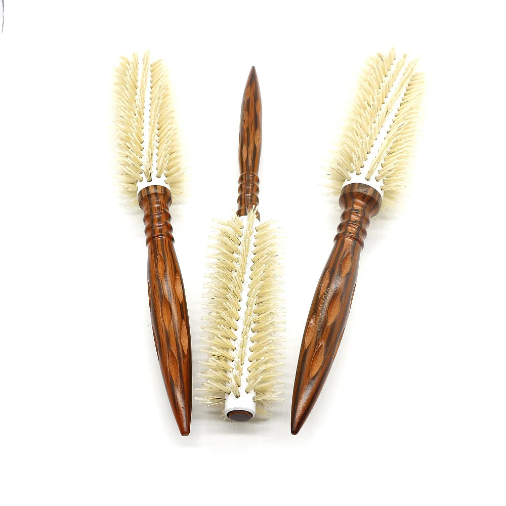 3Sizes Natural Boar Bristle Round Hair Brush Wooden Point Tail Curling Comb Salon Blow Dry Styling Brush for Fluffy Curls Bangs
