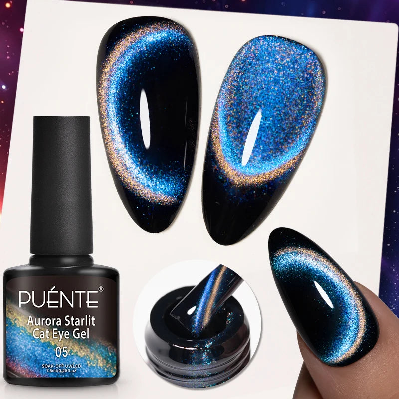 PUENTE 7.5ML Golden Gems Cat Magnetic Gel Nail Polish Pink Brown Blue Colors Golden Glitter Cat Eye Soak Off UV Nail Art Varnish