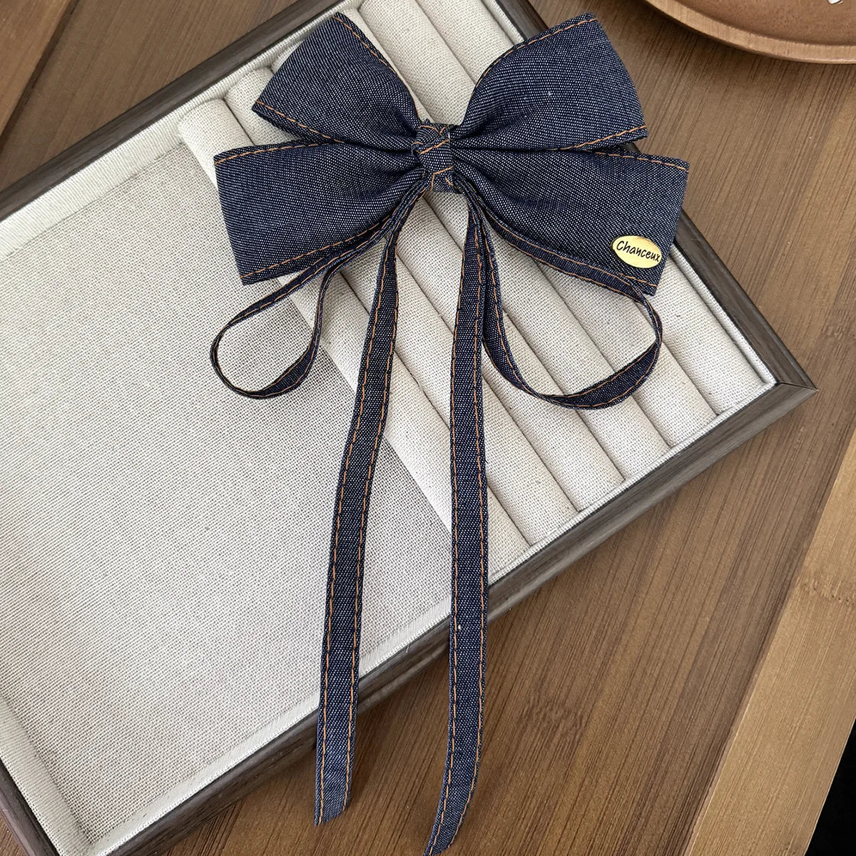 Vintage Denim Blue Hair Bow Clip Long Ribbon Hairpins Barrettes Headwear For Women Girls Accessories Wedding Jewelry Hair Ties