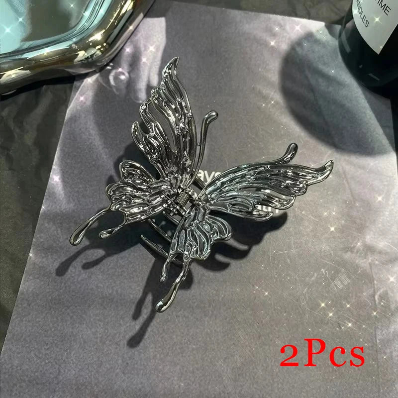 1/2/3 Pcs Large Hollow Butterfly Hair Claws for Women Black Silvery Cool Metal Style Fashion Shark Clips Head Accessories Set
