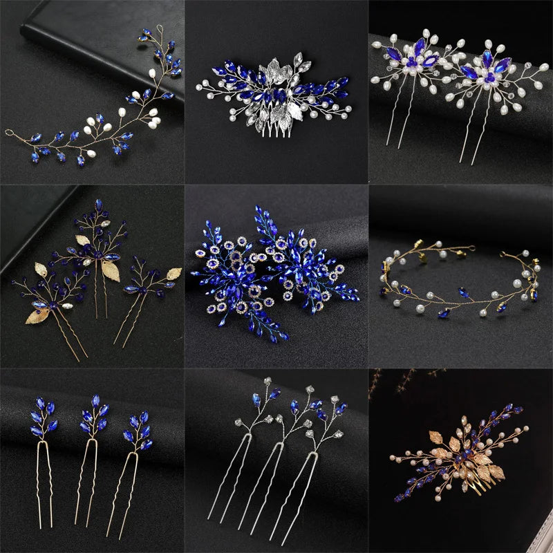 Vintage Blue Rhinestone Hair Comb Wedding Hair Accessories Bridal Hair Clip Headpiece Jewelry Bride Tiara Hair Ornament Gift