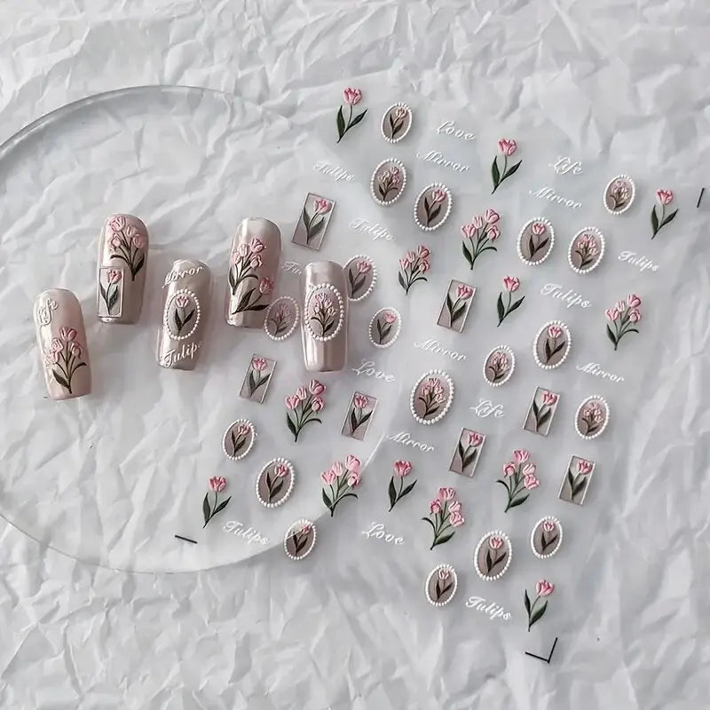 1piece 5Dcute tulip flower nail stickers high quality self-adhesive embossed nail art decals for girls summer decoration sticker