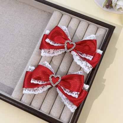 Lace Stripe Satin Bow Hair Clip Heart Rhinestone Barrettes Women Lolita Daily Wedding Party Hair Accessories Hair Clips ForWomen