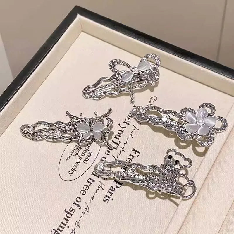 Y2K Irregular Liquid Metal Hairpin Butterfly Zircon Hair Clips Girl Fashion Silver Bang Clip For Women Hair Accessories