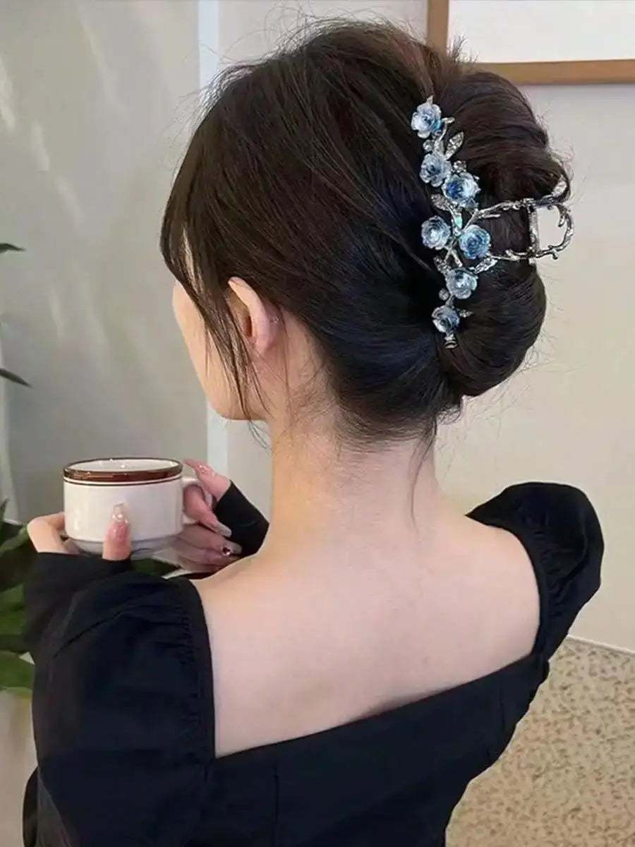 1pc Women's Blue Fairy Orchid Ringflower Water Diamond Butterfly Fashion Style Grip Clip Pan Hair Shark Clip Hair Accessories
