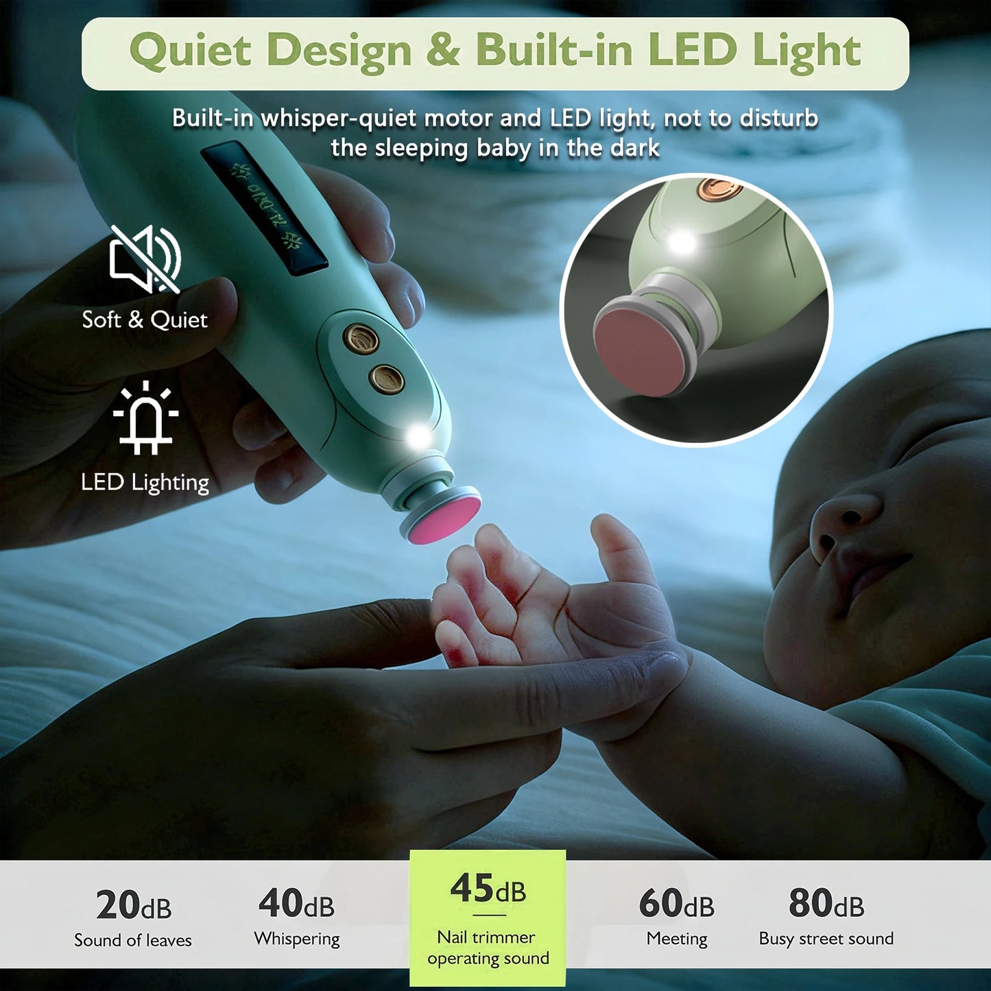 Baby Nail File Electric Baby Nail Care Set with LED Light, Baby Nail Trimmer for Newborn/Infants/Adults Toenails and Fingernail