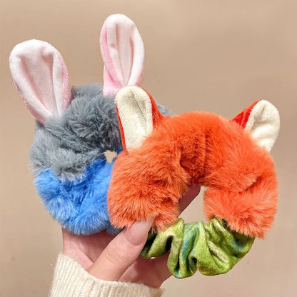 2Pcs Kawaii Fluffy Bunny Fox Hair Tie Scrunchies Cartoon Animal Theme Ear Hair Rope For Girls Women Party Daily Hair Accessories