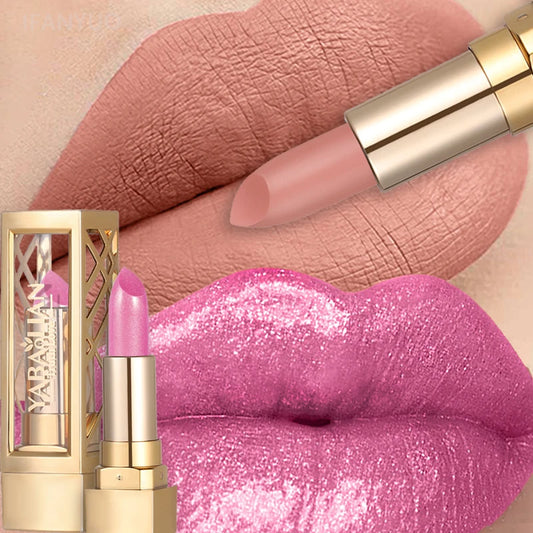 12 Color Gold Tube Lipstick Matte Pearlescent Glitter Shiny Velvet Lipsticks Red Brown Waterproof Lasting Solid Lip Gloss Makeup