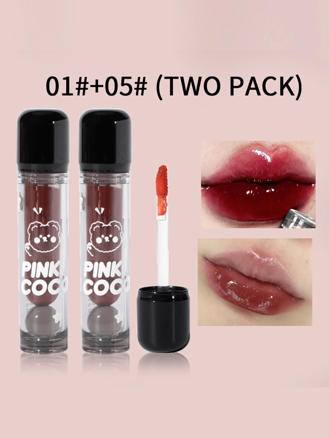 PINKCOCO Bear Doodle Mirror Lip Glaze — Long-Lasting Shiny Lip Gloss, Student-Friendly, Skin-Brightening Nude Lipstick