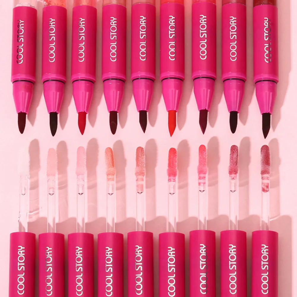 2 in 1 Matte Lip Liner Mirror Lip Gloss Waterproof Plumping Stain Hydrating Shiny Transparent Lip Oil Jelly Lips Contour Makeup