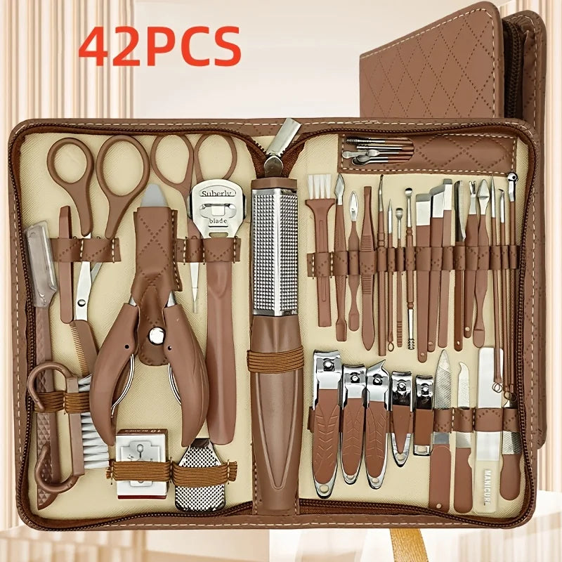 42pcs Professional Manicure & Pedicure Set | Stainless Steel Nail Clippers, Cuticle Nippers, Portable Travel Case, Beauty Tools