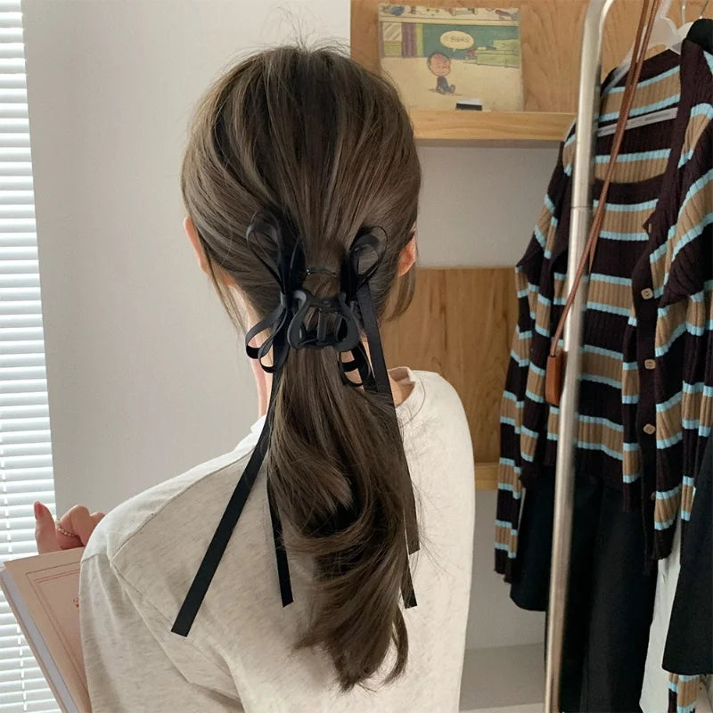 Fashion Black Long Ribbon Bow Claw Clip Back Butterfly Clips Shark Clip Women Girl New Frosted Hair Accessories Hair Claw Clip
