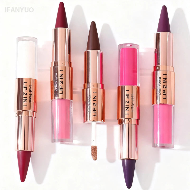 2IN1 Tapered Tip Lip Liner & Lipstick Gradient & Velvet Matte Finish Pearly Waterproof Non Stick Cup Liquid Lip Color Makeup Set