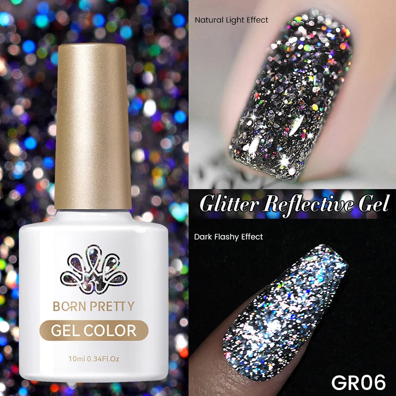 BORN PRETTY 10ml Sparkling Glitter Reflective Gel Nail Polish Sparkly Holo Shiny Pink Silver Black Gel Nail Art Salon Varnish